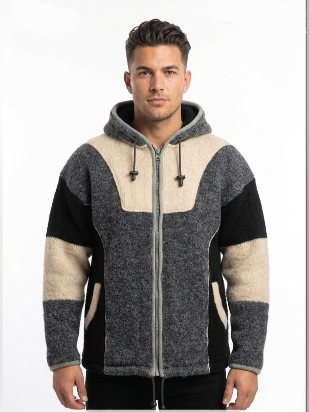 Lorenzi Men’s Hooded Wool Zip Up Jacket Size Large Fleece Lined Black/Grey/Cream